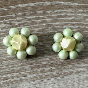 Vintage Beaded Cluster Clip On Earrings w Green Beads Signed Japan